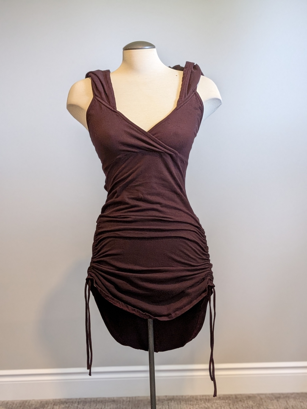 Maroon Plum Ruched Tank Dress Hi Low Festival Hood Open Back Adjustable
